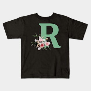 Letter R green with colorful flowers Kids T-Shirt